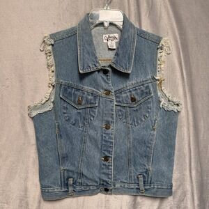 Julianna Denim Vest Womens Medium Blue Jean Frayed Cutoff Sleeveless Buttons